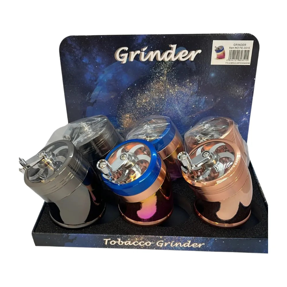 Three shiny metallic fidget spinner grinders with polished finish and interactive spinning tops