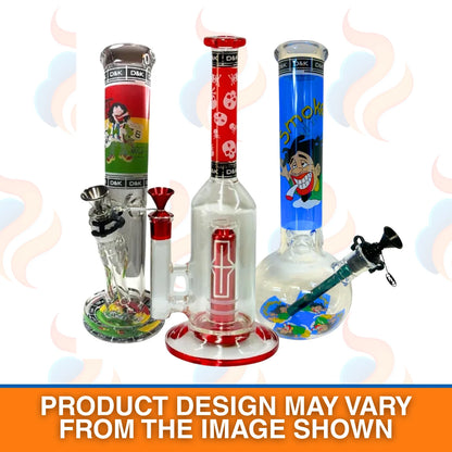 Three colourful D&K glass bongs in various designs on a white background
