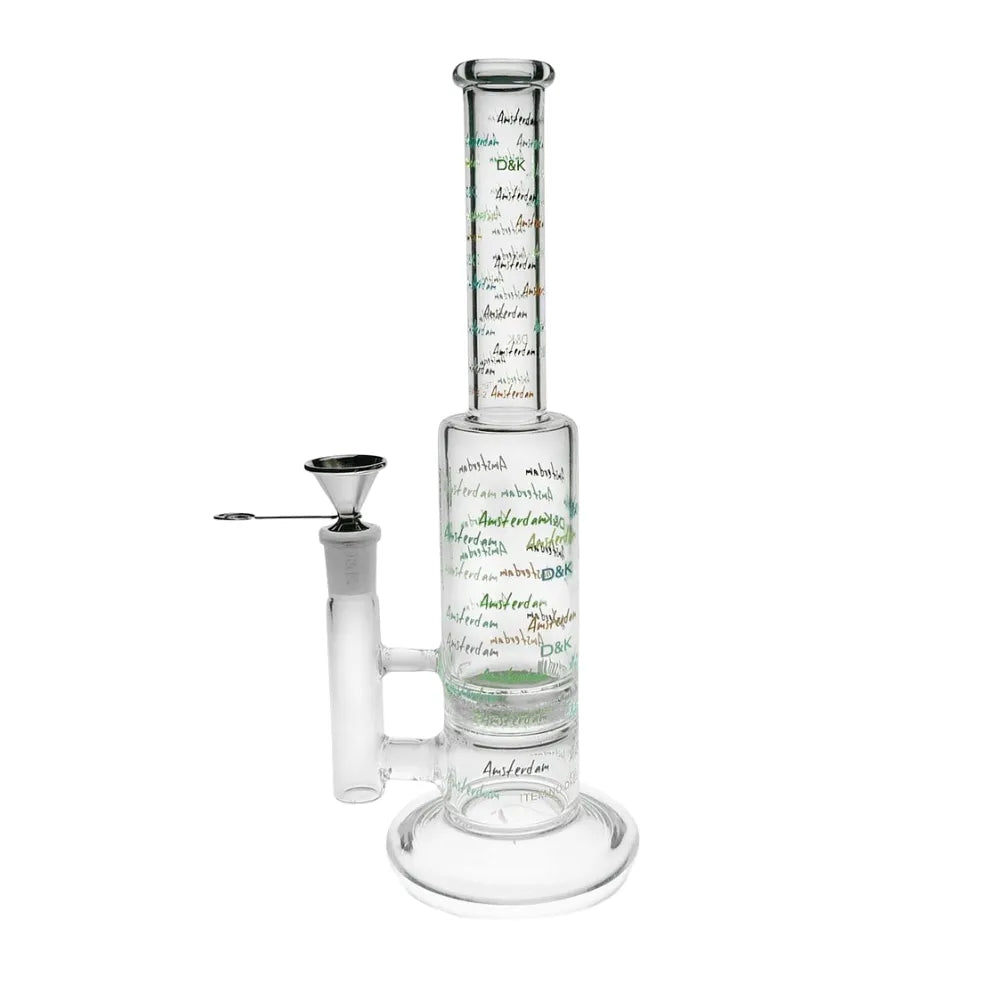 D&K Glass water pipe with multiple necks and a filter on a white background