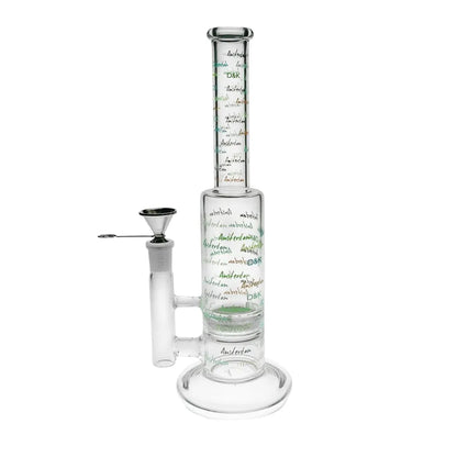 D&K Glass water pipe with multiple necks and a filter on a white background