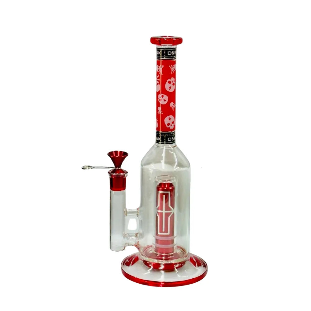 D&K Glass smoking device with red and black design on a white background