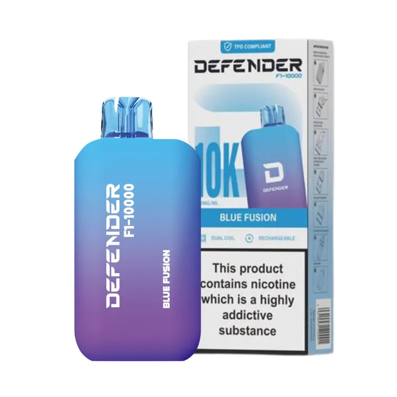 vape device blue fusion flavour with 'Defender' branding and packaging on a white background