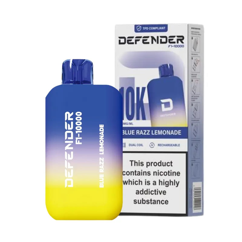 vape device blue razz lemonade flavour with 'Defender' branding and packaging on a white background