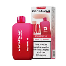 Red vape device strawberry ice flavour with 'Defender' branding and packaging on a white background