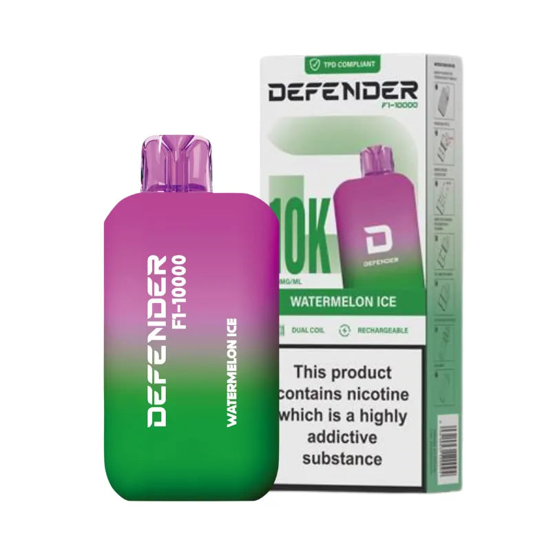 vape device watermelon ice flavour with 'Defender' branding and packaging on a white background