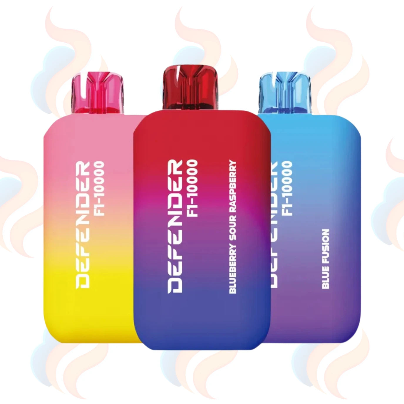 Three colourful vape devices with gradient colours and 'Defender' branding on a logo printed background.