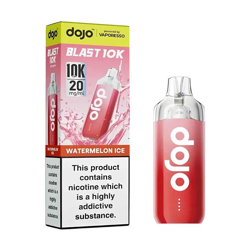 Red 'dojo' vape device with packaging on a white background
