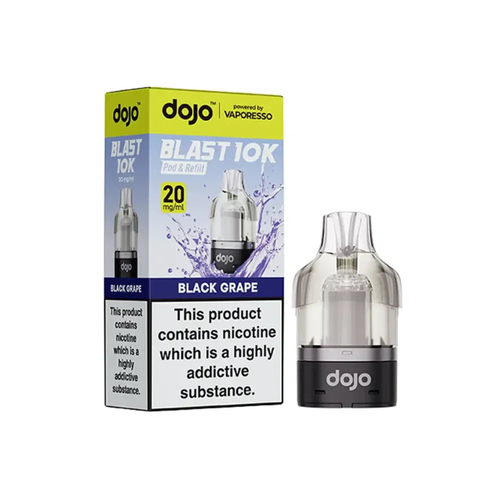  dojo blast 10k vape cartridges black grape and packaging on a white background
