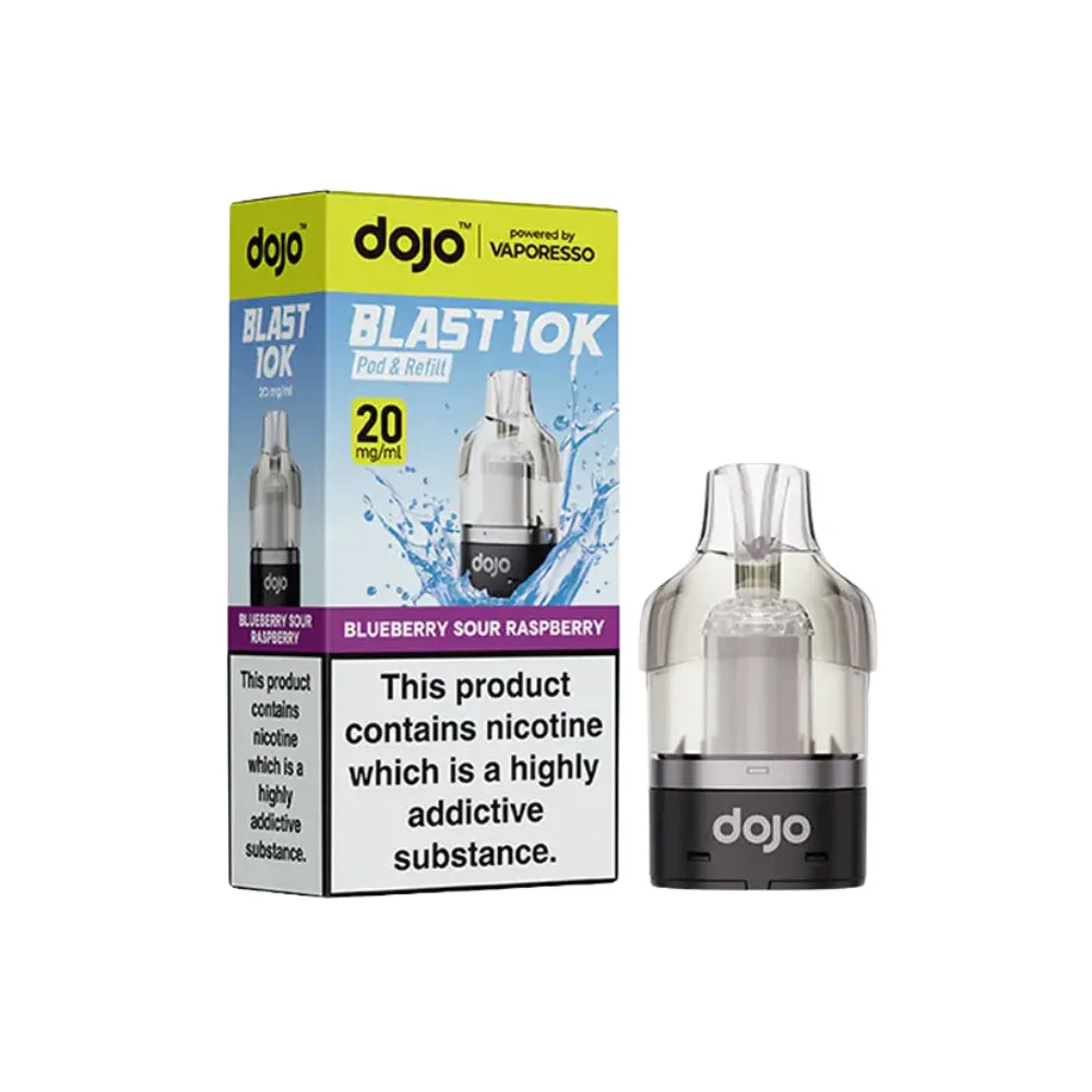  dojo blast 10k vape cartridges blueberry sour raspberry and packaging on a white background