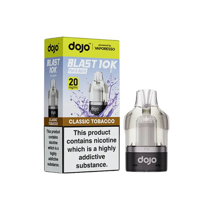  dojo blast 10k vape cartridges classic tobacco and packaging on a white background