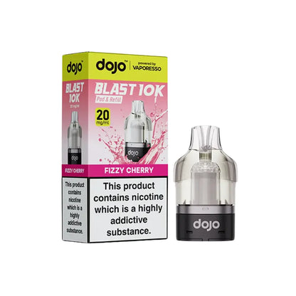  dojo blast 10k vape cartridges fizzy cherry and packaging on a white background