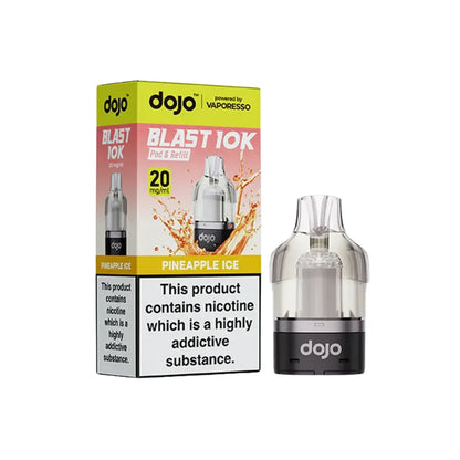  dojo blast 10k vape cartridges pineapple ice and packaging on a white background