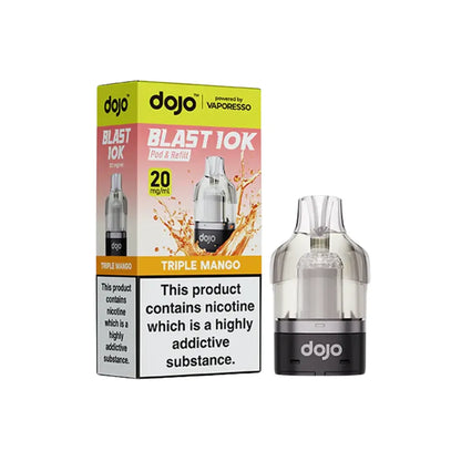  dojo blast 10k vape cartridges triple mango and packaging on a white background