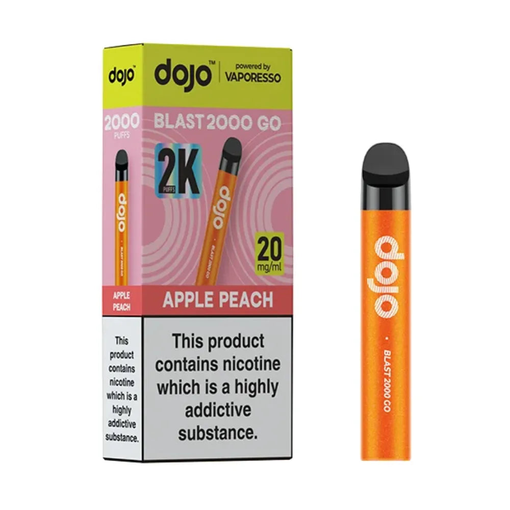 Orange vape device with 'dojo' branding next to its packaging on a white background