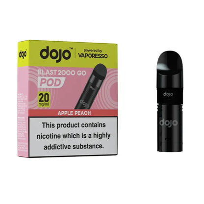  dojo blast 2000 apple peach vape pod packaging with black pod on a white background