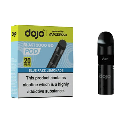  dojo blast 2000 blue razz lemonade vape pod packaging with black pod on a white background 