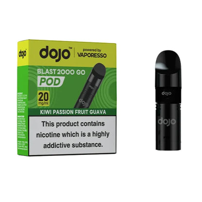  dojo blast 2000 kiwi passionfruit guava vape pod packaging with black pod on a white background 