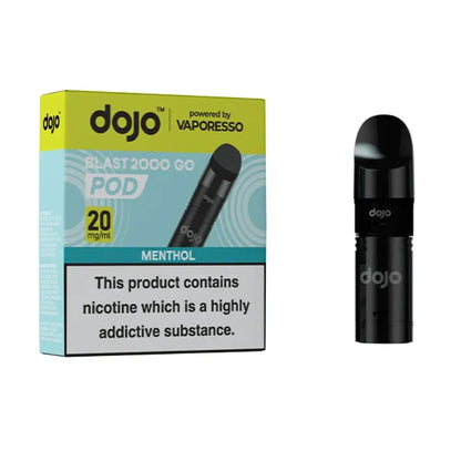  dojo blast 2000 menthol vape pod packaging with black pod on a white background 