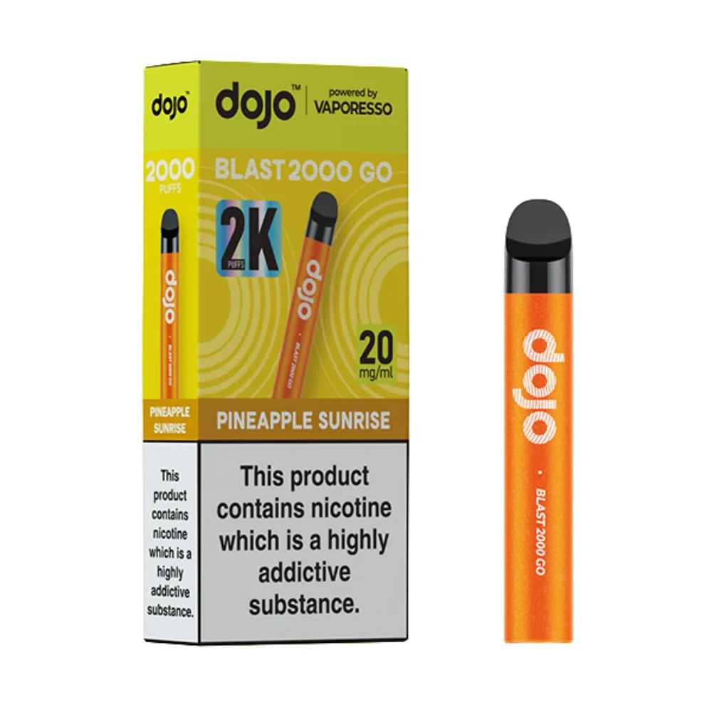 Orange vape pen with 'dojo' branding next to its packaging on a white background