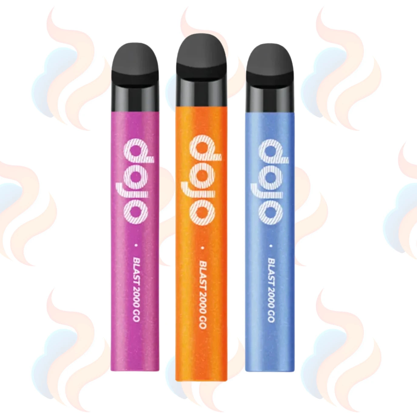 Three vape devices in purple, orange, and blue with 'Dojo' branding on a logo printed background.