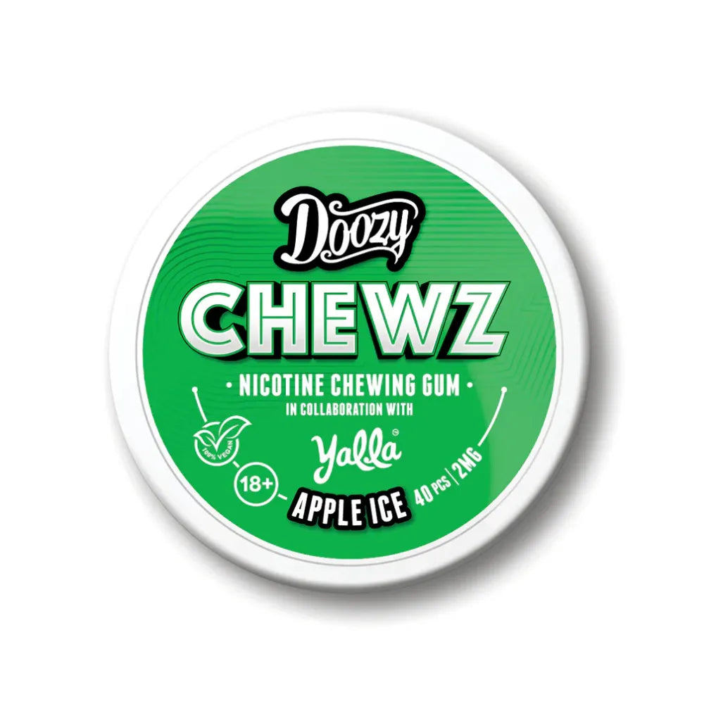 Doozy Chewz nicotine chewing gum container with green label on a white background