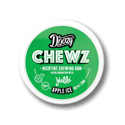 Doozy Chewz nicotine chewing gum container with green label on a white background
