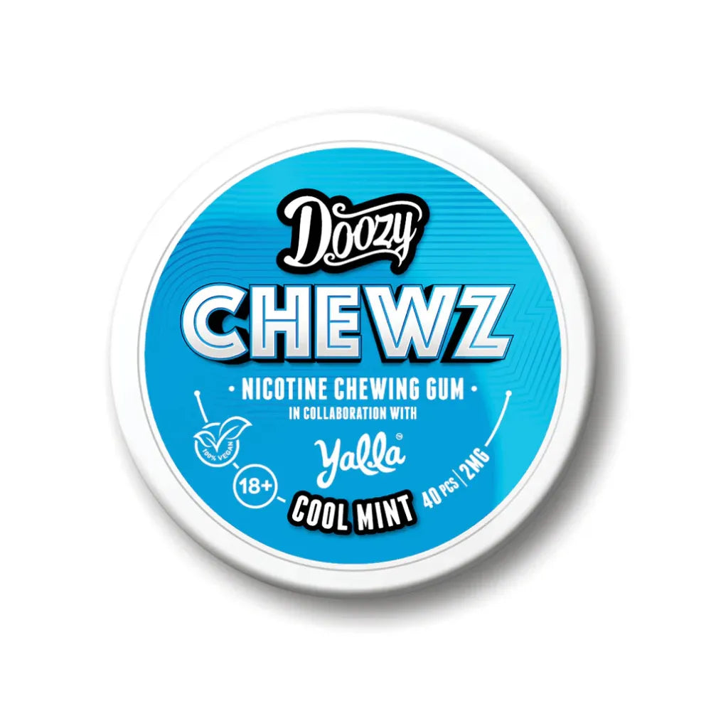 Doozy Chewz nicotine chewing gum container with blue label on a white background