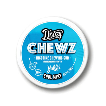 Doozy Chewz nicotine chewing gum container with blue label on a white background