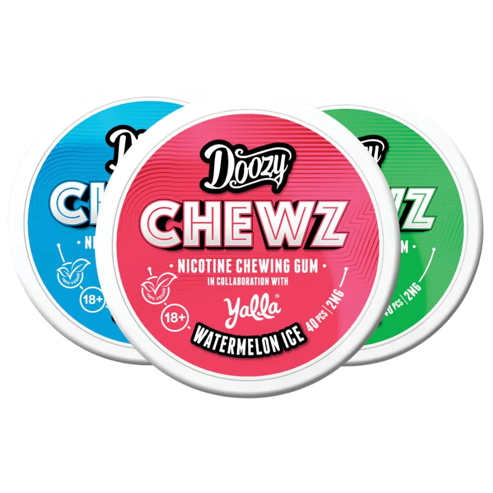 Three containers of Doozy Chewz nicotine chewing gum in blue, pink, and green on a white background.