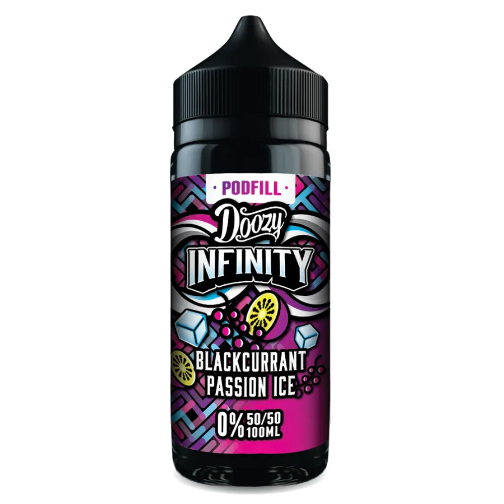 Doozy Infinity Blackcurrant Passion Ice vape juice bottle on a white background