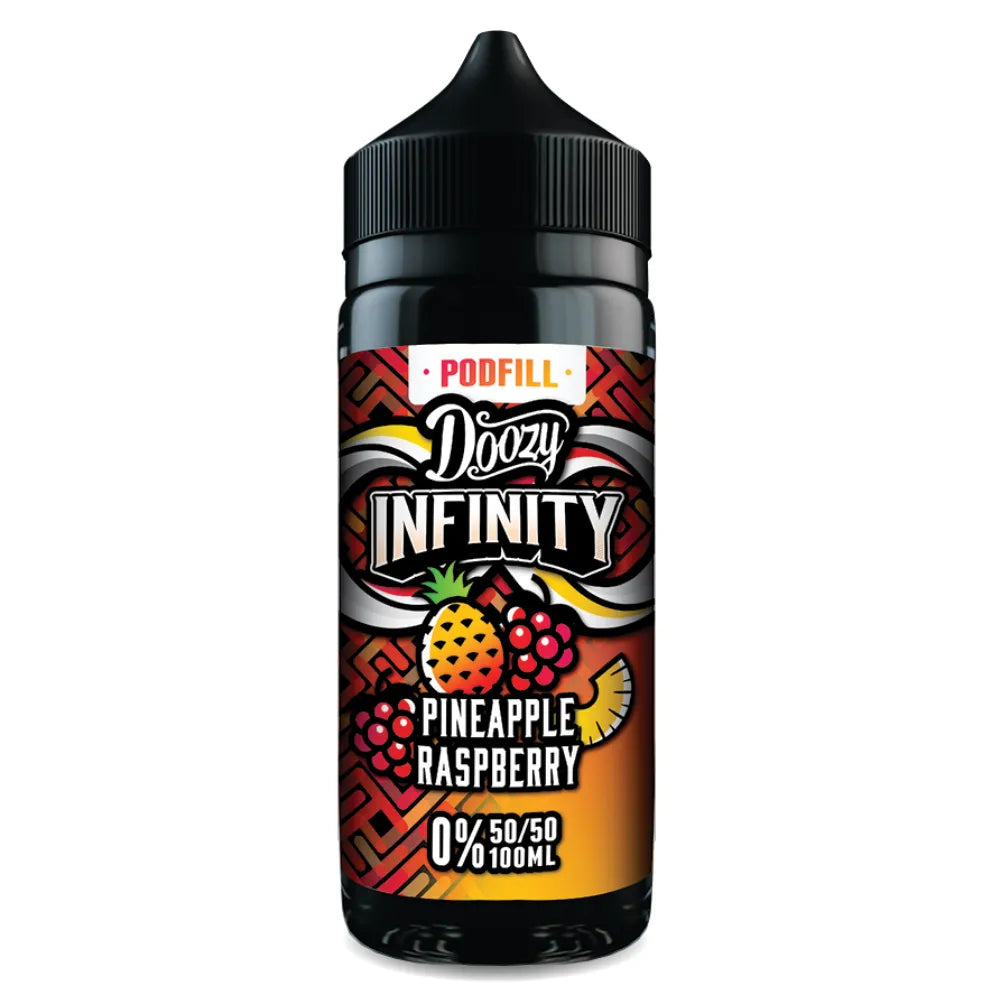 Doozy Infinity Pineapple Raspberry vape juice bottle on a white background
