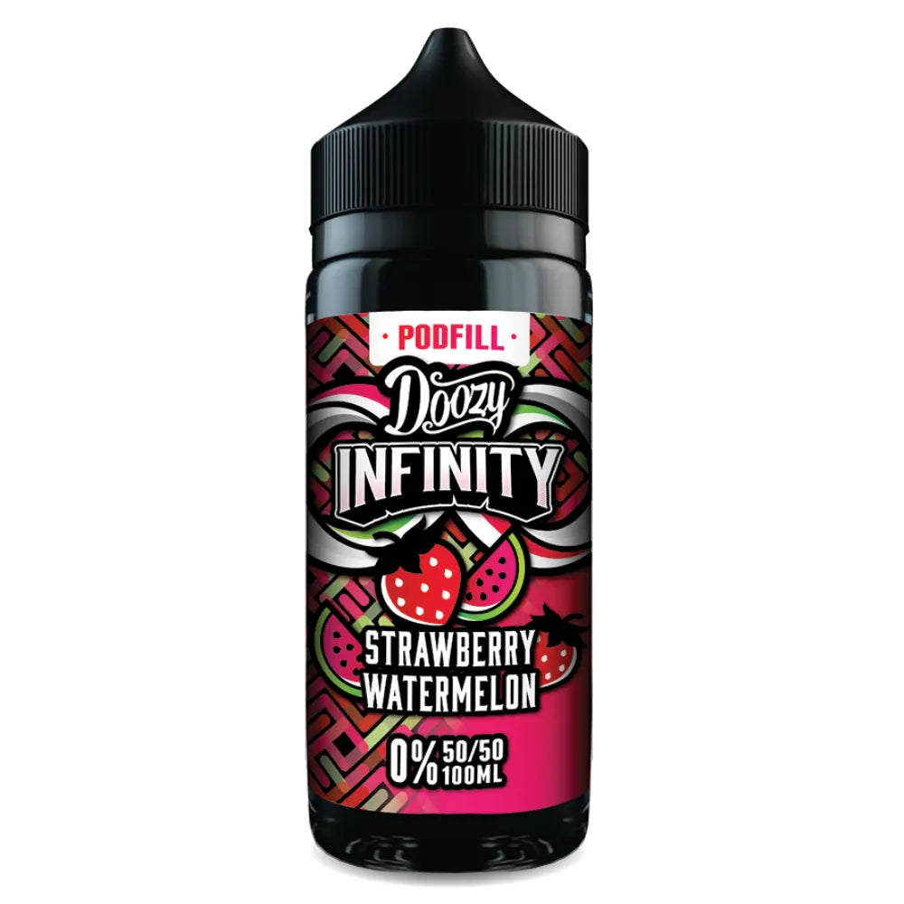 Doozy Infinity Strawberry Watermelon vape juice bottle on a white background
