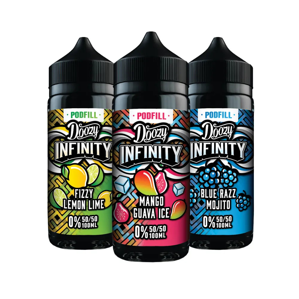 Three bottles of Doozy Infinity e-liquid with colorful labels on a white background