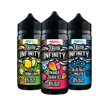 Three bottles of Doozy Infinity e-liquid with colorful labels on a white background