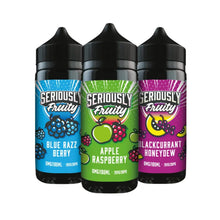 Three bottles of Seriously Fruity e-liquid with colorful labels on a white background