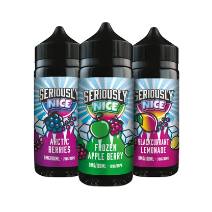 Three bottles of 'Seriously Nice' e-liquid with colorful labels on a white background