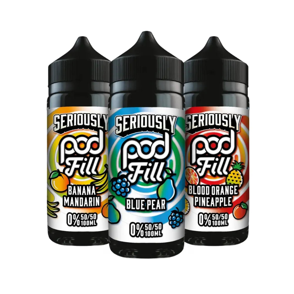 Three bottles of Seriously Pod Fill e-liquid with different flavors on a white background