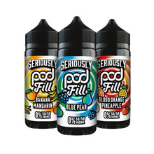 Three bottles of Seriously Pod Fill e-liquid with different flavors on a white background