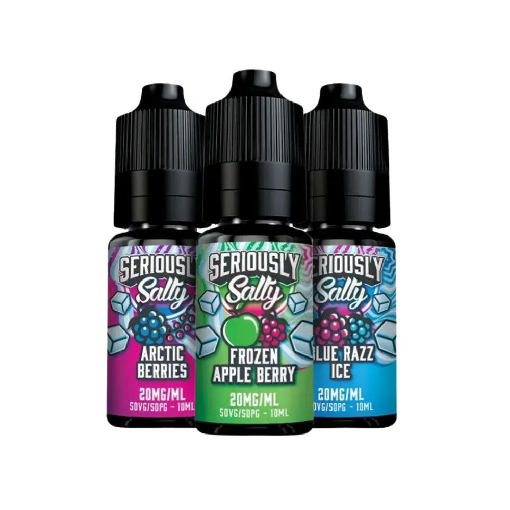 Three bottles of Seriously Salty e-liquid with colorful labels on a white background