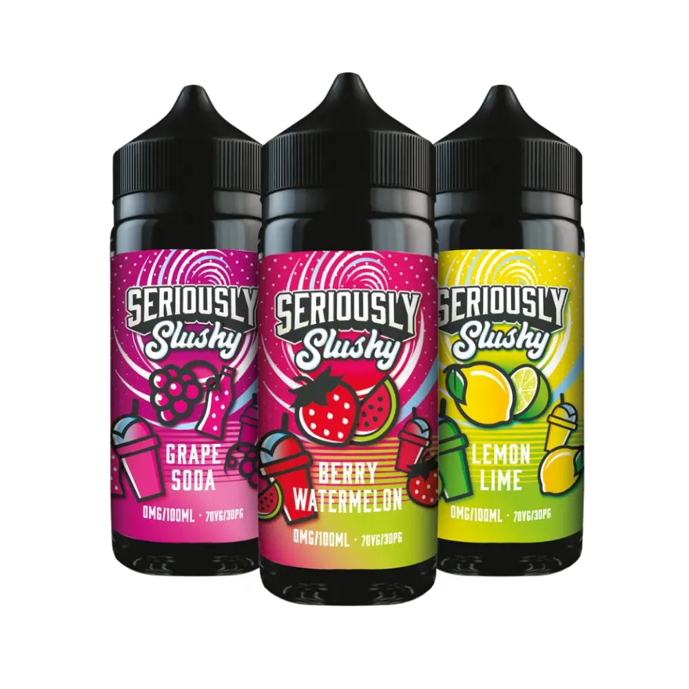 Three bottles of Seriously Slushy e-liquid with colorful labels on a white background