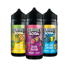 Three bottles of Seriously Soda with colorful labels on a white background