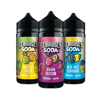 Three bottles of Seriously Soda with colorful labels on a white background
