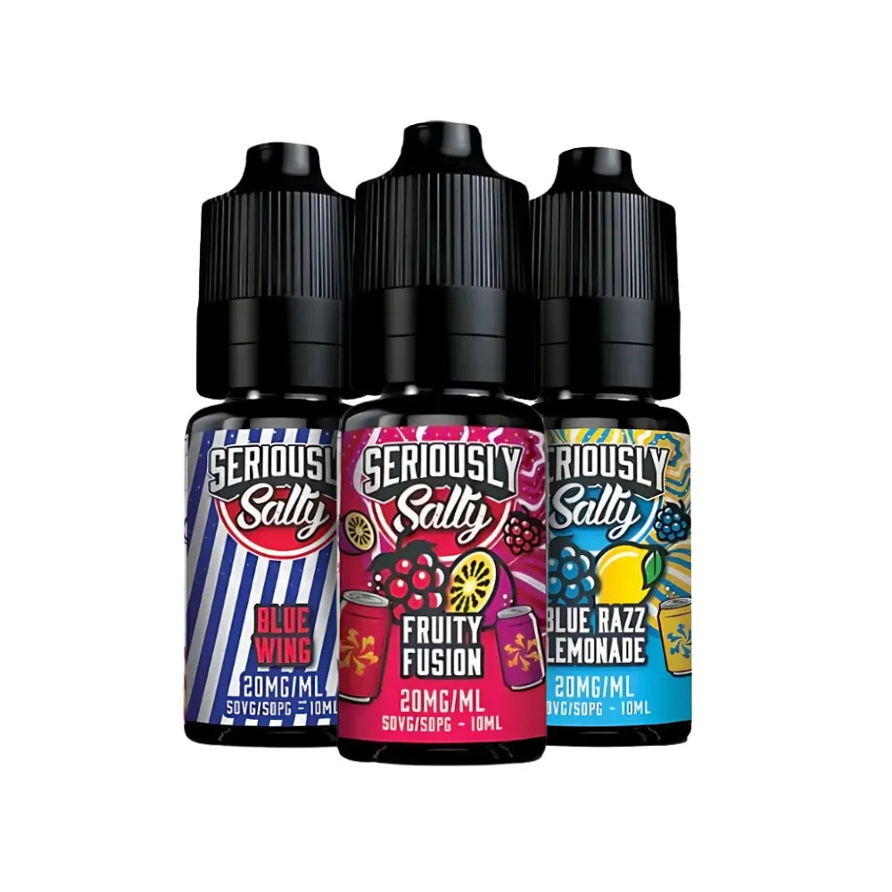 Three bottles of Seriously Salty e-liquid with colorful labels on a white background
