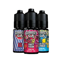 Three bottles of Seriously Salty e-liquid with colorful labels on a white background