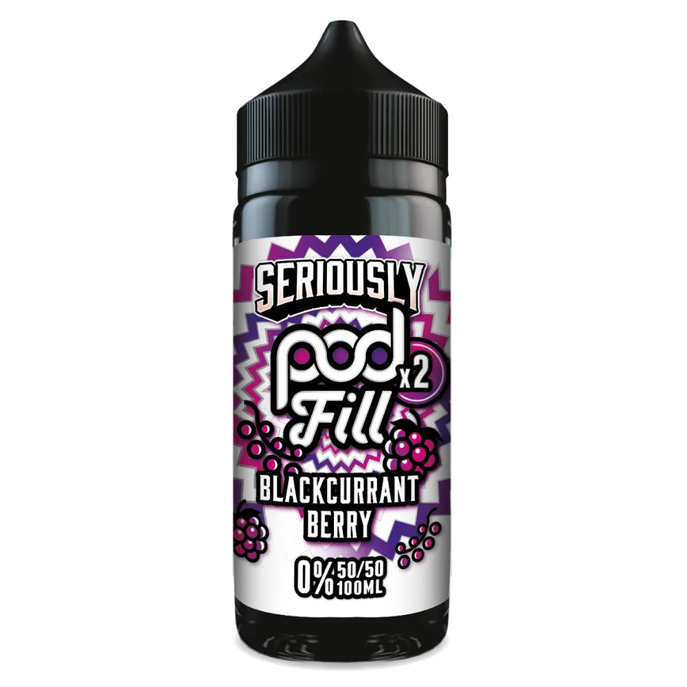 Blackcurrant berry vape pod with colorful label on a white background