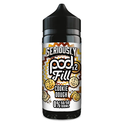 Vape pod bottle labeled 'Seriously Pod Fill x2 Cookie Dough' on a white background