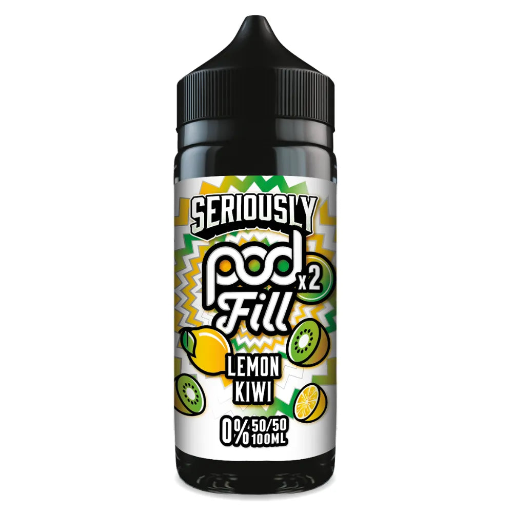 Vape pod bottle labeled 'Seriously Pod Fill Lemon Kiwi' on a white background