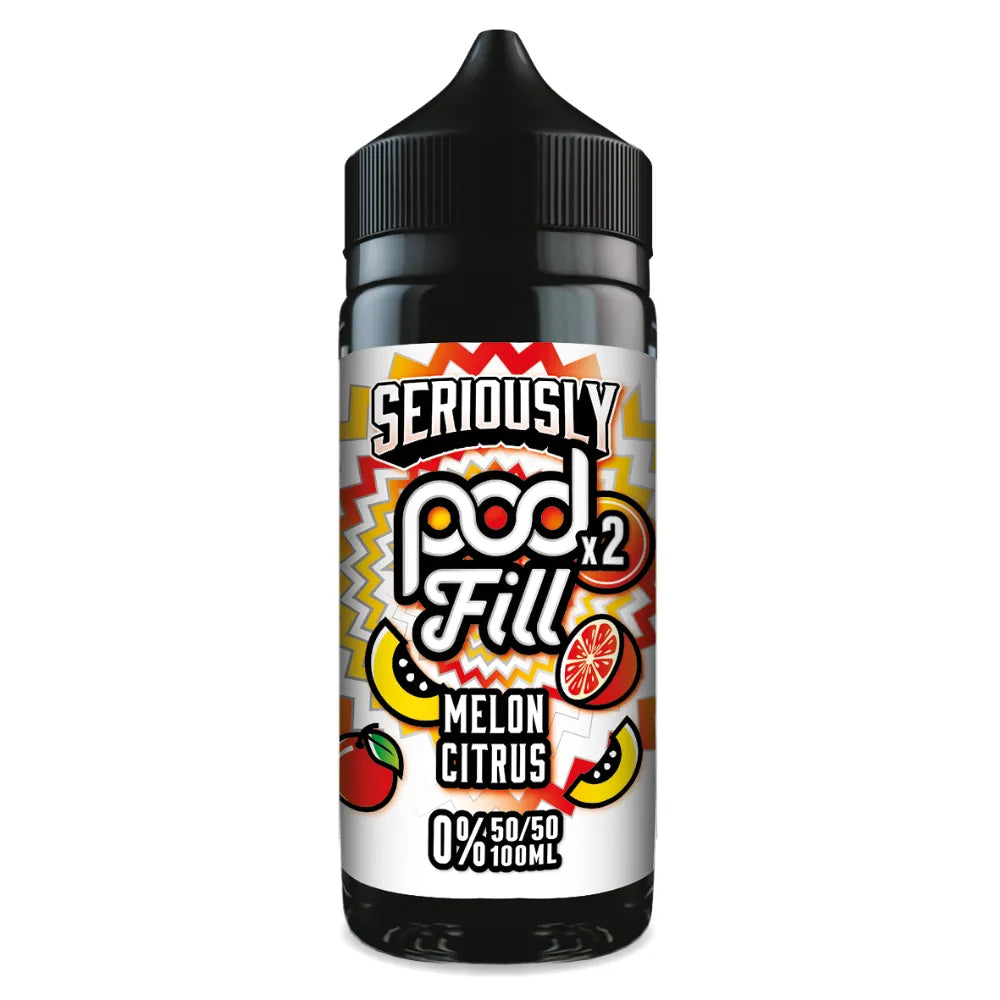 Vape pod bottle with colorful label on a white background