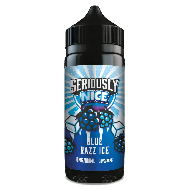 Vape juice bottle with blue and black design on a white background
