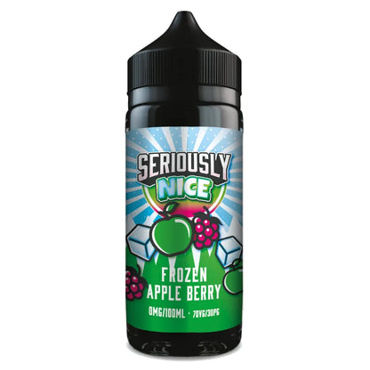 Vape juice bottle labeled 'Seriously Nice Frozen Apple Berry' on a white background